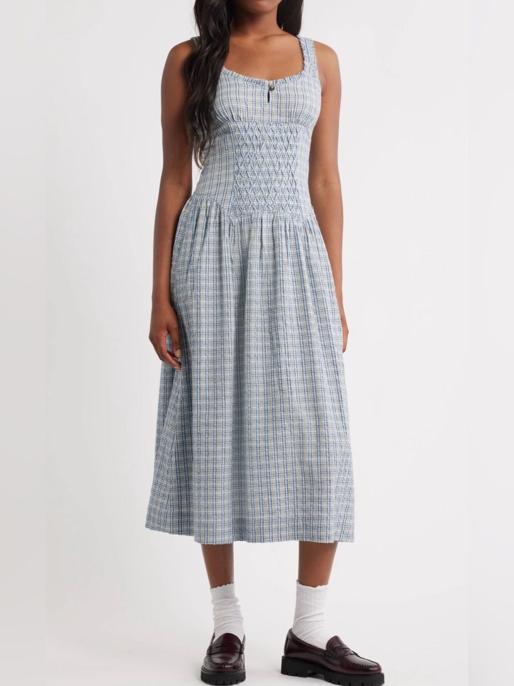 Blue Plaid Smocked Sundress